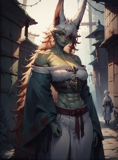 score_9, score_8_up, score_7_up, score_6_up, monster girl, werewolf girl, very tall, long ears, very sexy, samurai armor, kimono, bruiser, toned muscles, midriff, spiky hair, very long hair, sweaty skin, green skin, in a dark alley, medieval fantasy, <lora:ReiqXL:0.8>