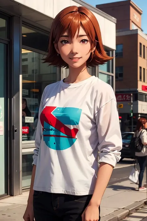 cowboy shot, smile, <lora:sora tri:0.7> sora_takenouchi, 1girl, solo, short hair, orange hair, maroon eyes,, ultra detailed, masterpiece, best quality, aesthetic, detailed,