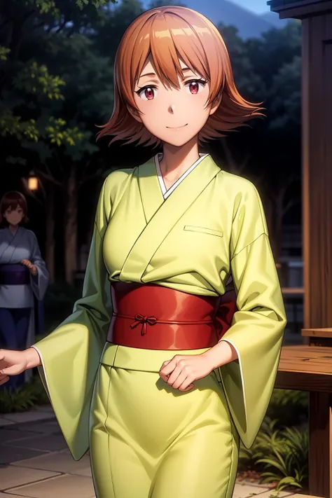 (RAW photo, best quality), masterpiece, an extremely delicate and beautiful, extremely detailed, 2k wallpaper, Amazing, finely detail, extremely detailed CG unity 8k wallpaper, ultra-detailed, highres, soft light, beautiful detailed girl, cinematic lightning, perfect anatomy, look at viewer, smile, 1girl, solo, short hair, orange hair, maroon eyes, kimono, japanese clothes, nights, lights, festival background, outdoors, sora_takenouchi