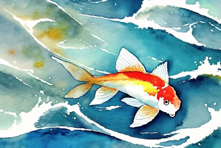 Watercolor painting of 3 koi fish, waves, sunlight, 8k