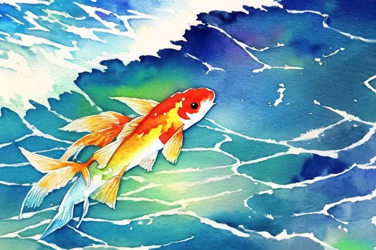 Watercolor painting of 3 koi fish, waves, sunlight, 8k