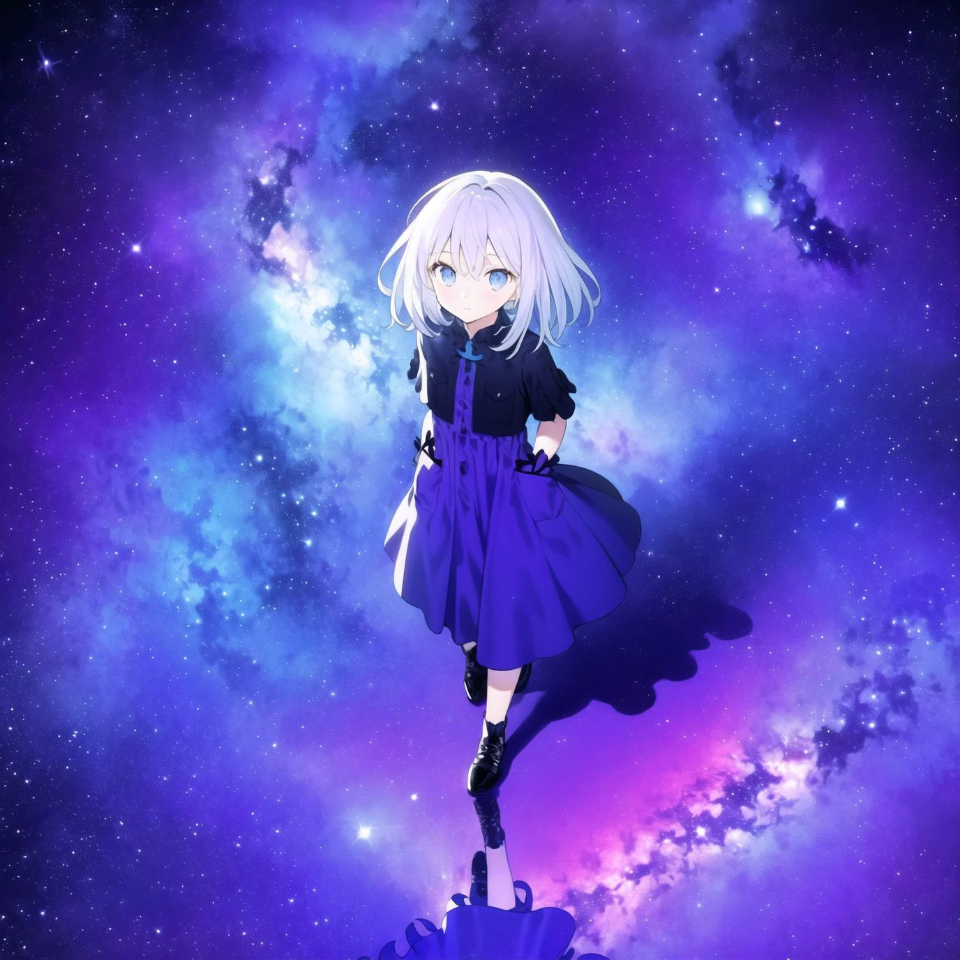 masterpiece,(best quality),(1girl) ,solo,(high contrast:1.2),(high saturation:1.2), ((hands on the pocket)),<lora:ArknightsIrene_hard:0.3>,((black and white sdress)),looking at viewer,((purple and blue theme:1.3)),((purple and blue background:1.5)),white hair,blue eyes,((walking:1.3)),full body,black footwear,((the blue water on ground reflecting the starry sky and nebula and galaxy)),((from above:1.2)) <lora:jX[P|:0.6>