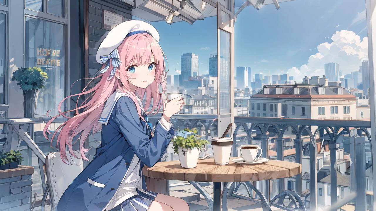 (masterpiece), highres, official art,high contrast,city,building,indoors,cafe, cowboy shot, window, big table, blue sky, coffee cup,sunny day,soft light, blue sky, street,from side,sitting,
1girl, long hair, pink hair, french braid, azure-blue eyes, solo, white beret with, (blue and white stripe bow), semi-open coat, cute face, sailor shirt, pleated skirt, white thinghighs,
<lora:RainbowLinesStyle_linev1:0.2>, <lora:animixAnimeScreenshotLikeStyleMixLora_v10:0.4>
