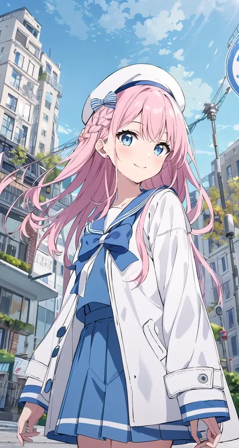 masterpiece, highres, best quality, offcial art, 1girl, long hair, pink hair, french braid, azure-blue eyes, solo, white beret with, (blue and white stripe bow), semi-open coat, cute face, looking at viewer, standing, smile, building, sailor shirt, pleated skirt, white thinghighs, closed mouth, outdoors, city, looking away, high contrast, blue sky, overexposure, <lora:animixAnimeScreenshotLikeStyleMixLora_v10:0.6>