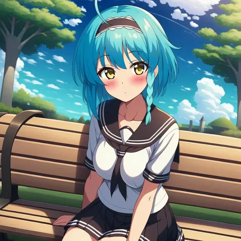 1girl, ahoge, bangs, bench, black skirt, blue hair, blue sky, blush, braid, breasts, cloud, cloudy sky, collarbone, day, hairband, looking at viewer, outdoors, park bench, pleated skirt, sailor collar, school uniform, serafuku, shirt, short hair, sitting, sitting on bench, skirt, sky, solo, tree, yellow eyes