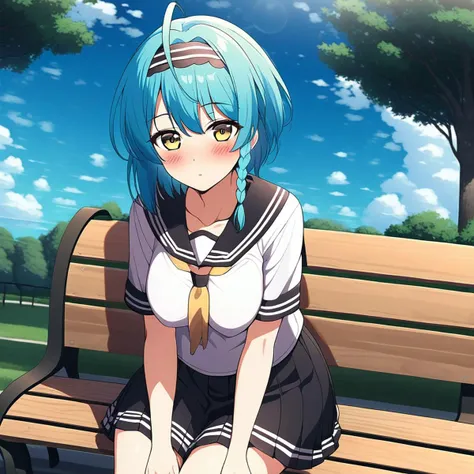 1girl, ahoge, bangs, bench, black skirt, blue hair, blue sky, blush, braid, breasts, cloud, cloudy sky, collarbone, day, hairband, looking at viewer, outdoors, park bench, pleated skirt, sailor collar, school uniform, serafuku, shirt, short hair, sitting, sitting on bench, skirt, sky, solo, tree, yellow eyes