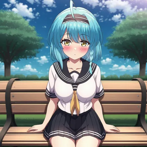 1girl, ahoge, bangs, bench, black skirt, blue hair, blue sky, blush, braid, breasts, cloud, cloudy sky, collarbone, day, hairband, looking at viewer, outdoors, park bench, pleated skirt, sailor collar, school uniform, serafuku, shirt, short hair, sitting, sitting on bench, skirt, sky, solo, tree, yellow eyes