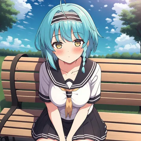 1girl, ahoge, bangs, bench, black skirt, blue hair, blue sky, blush, braid, breasts, cloud, cloudy sky, collarbone, day, hairband, looking at viewer, outdoors, park bench, pleated skirt, sailor collar, school uniform, serafuku, shirt, short hair, sitting, sitting on bench, skirt, sky, solo, tree, yellow eyes