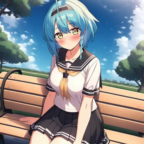 1girl, ahoge, bangs, bench, black skirt, blue hair, blue sky, blush, braid, breasts, cloud, cloudy sky, collarbone, day, hairband, looking at viewer, outdoors, park bench, pleated skirt, sailor collar, school uniform, serafuku, shirt, short hair, sitting, sitting on bench, skirt, sky, solo, tree, yellow eyes