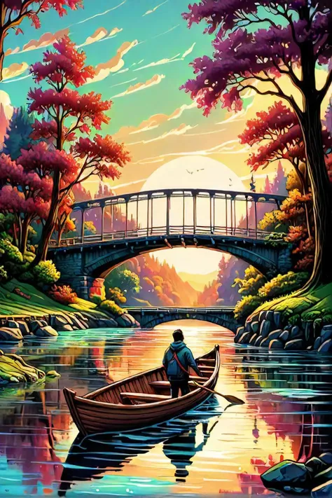 a man in a boat in a river with a bridge in the background, dan mumford and thomas kinkade, vibrant cartoon art, inspired by dan mumford, studio ghibli and dan mumford, in the style dan mumford artwork, dream scenery art, in the art style of dan mumford, painting by dan mumford, dan mumford paint, dan mumford and albert bierstadt