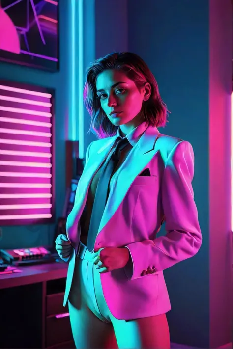 a woman in a suit and tie standing in a room with neon lights, synthwave style, synthwave digital art, synthwave art style, cinematic neon matte painting, beeple style, synthwave inspired, neon digital art, 3 d neon art of a womens body, in style of beeple, 80s style synthwave, retrowave style