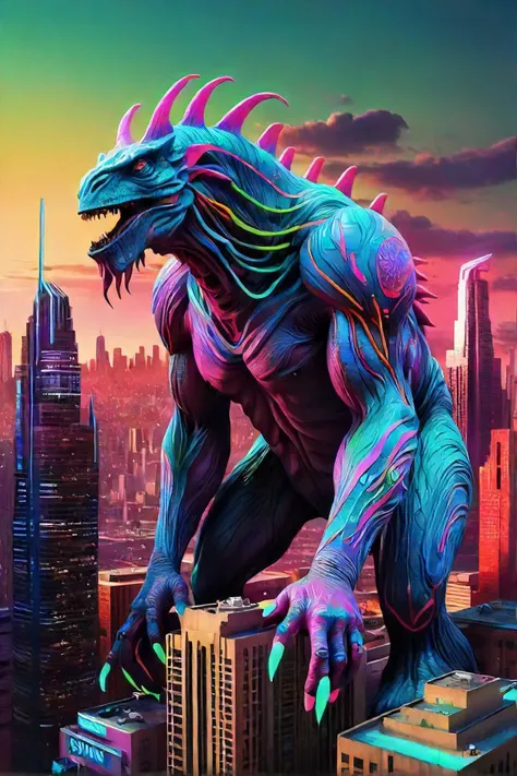 a surreal movie scene featuring a giant, otherworldly creature towering over a futuristic cityscape. the scene is bathed in vibrant, neon colors and features intricate details and textures. , cinematic movie by todd phillips , dante spinotti