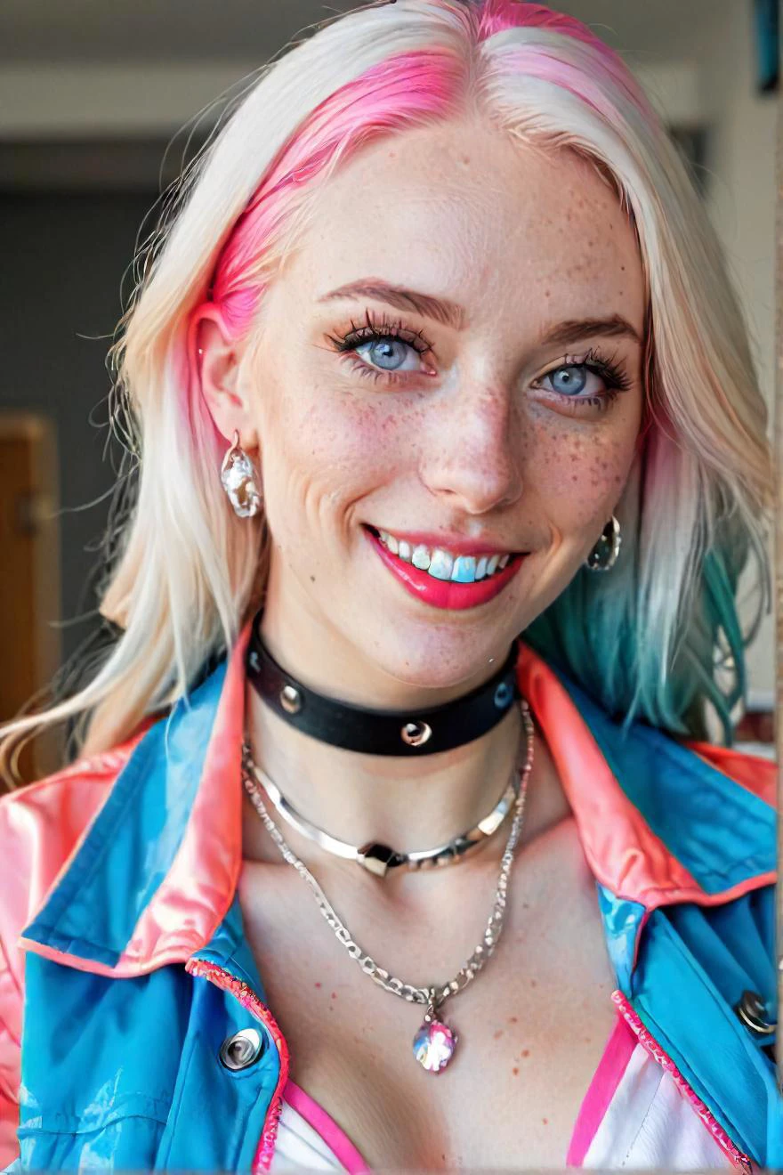 1girl, solo, looking at viewer, smile, blue eyes, blonde hair, shirt, jewelry, closed mouth, blue hair, jacket, white shirt, upper body, pink hair, white hair, multicolored hair, earrings, open clothes, choker, two tone hair, open jacket, lips, head tilt, piercing, freckles, realistic, pink jacket, photo (object)