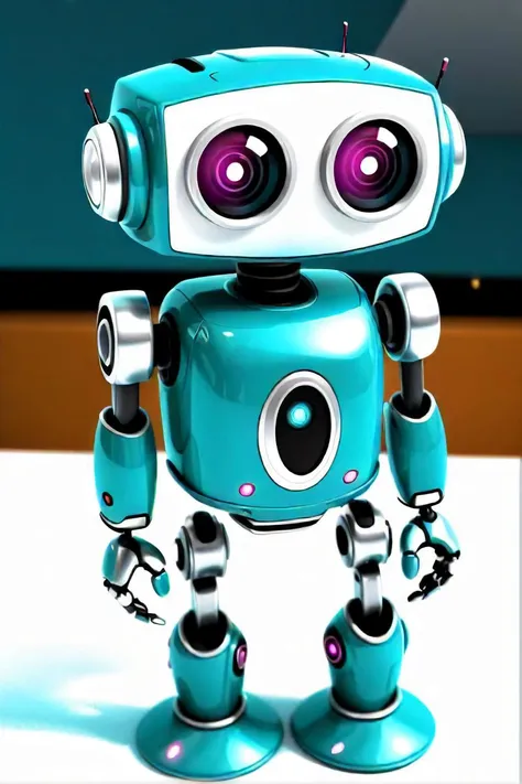 a stylized cartoon robot standing while looking at the ground, in the style of teal and silver, webcam photography, creative commons attribution, skottie , drawing machines, cranberrycore, frontal perspective