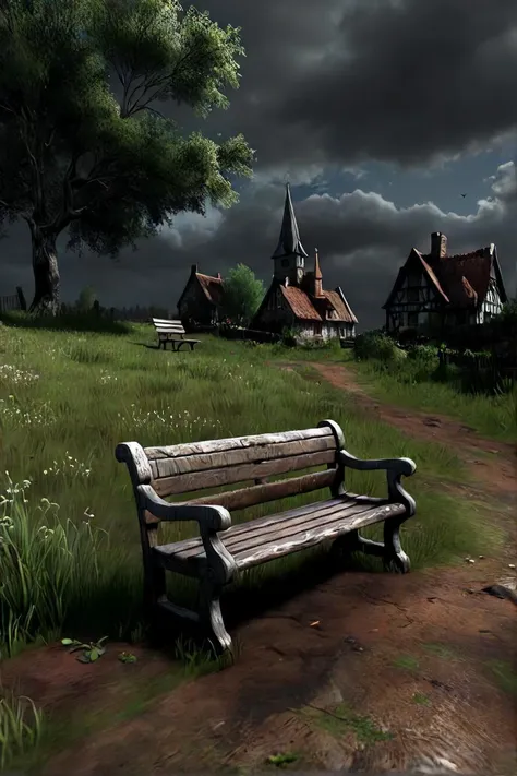 there is a small bench in a grassy field under a dark sky, a detailed matte painting inspired by john constable, polycount contest winner, fantastic realism, villages R unreal engine, the vanishing of ethan carter, screenshot from game