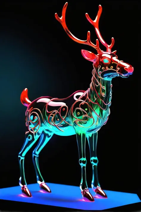 instant christmas, neon red reindeer, high quality fantasy art of a beautiful raging reindeer made of transparent glass, glowing within, delicate figurine, red nose, cute, delightful, flame eyes, ultra realistic, extreme detailed, beautiful prism light, neon light, glass made ultra detailed transparent raging red reindeer, ultra transparent, wearing glass made transparent luxury armor, super high definition, reflective pools, hdr, dark vaporwave color palette, eclipse, glowing archway, huge twisting vines, aerial view of rolling hills in bizarre alien landscape, fibonacci, enki, annunaki, monolith, megaliths with eyes, ufo, dna, cosmic serpent, vaporwave tiled liminal space, iris, pixel art, vaporwave aesthetic