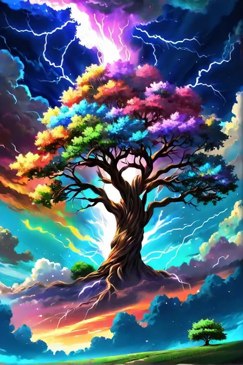 a tree with a colorful sky background and a bright cloud, cosmic tree, dramatic lightning digital art, anime nature wallpap, lightening tree, anime beautiful peace scene, the world tree, anime nature, colorful otherworldly trees, cosmic tree of life, fantasy tree, world tree, amazing lightning art, anime abstract art, anime scenery, anime atmospheric, breathtaking digital art