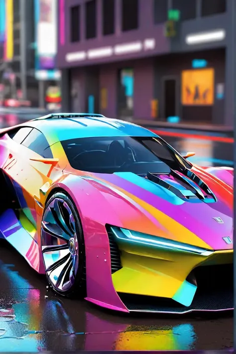 a close up of a colorful car on a wet surface, futuristic car, futuristic car concept, car concept art, cyberpunk car, car with holographic paint, futuristic concept car, futuristic cars, anime art vehicle concept art, hyper color digital art, automotive design art, concept car design, futuristic vehicle, futuristic cars and mecha robots, super car, render of futuristic supercar