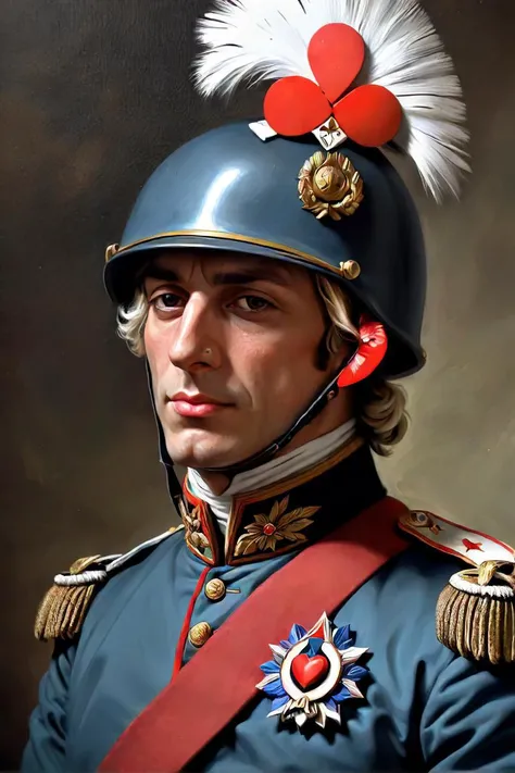 painting of a man in a military uniform with a helmet on, a character portrait inspired by jacques louis david, featured on artstation, serial art, portrait of a soldier, hearts of iron portrait, imperial portrait