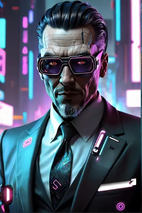 cyberpunk cyberpunk cyberpunk cyberpunk cyberpunk cyberpunk cyberpunk cyberpunk cyberpunk cyberpunk cyberpu, portrait of professor sinister, concept art in 3 d, holographic interface, 1128x191 resolution, stunning artwork, retro scifi, tattooed man, wearing a suit and glasses, high resolution digital art, the year 2089, by adrian zingg, cyber style, aerial view of a cyberpunk city