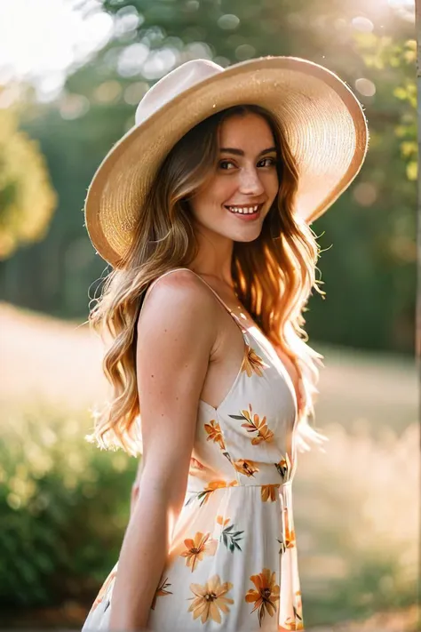 best portrait photography, 35mm film, natural blurry, 1girl, sun dress, wide brimmed hat, radiant complexion, whimsical pose, fluttering hair, golden sunlight, macro shot, shallow depth of field, bokeh, dreamy