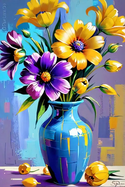 purple and yellow flowers in a blue vase on a table, realistic flowers oil painting, dmitry spiros, by olha darchuk, purple and yellow, 64 bit realistic painting, inspired by john lowrie morrison, beautiful painting, beautiful realistic painting, very realistic painting effect, colorful digital painting, semi realistic gouache painting, realistic painting style, oil painting. hd