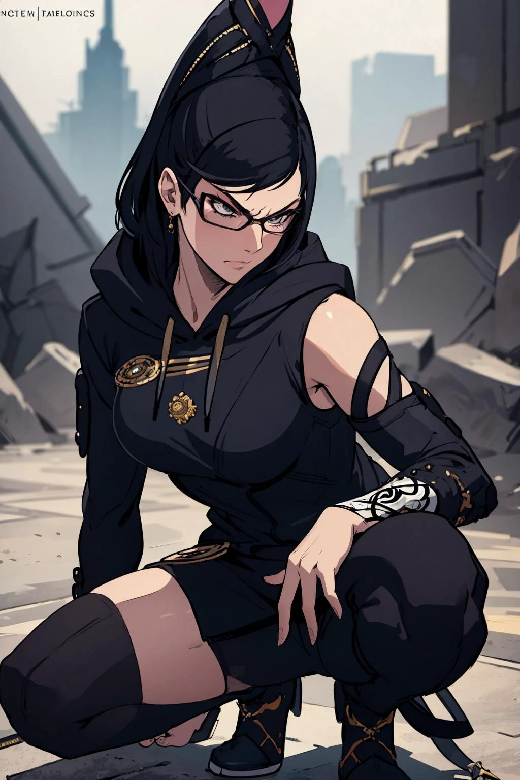best quality, highly detailed, squatting, <lora:edgFantasyHoodies:.8> edgFD, hoodie , fantasy_dress, edgFD_hoodie, please make sure to check the prompts to get new keywords and to get inspiration <lora:bayonettaV4:.8> bayonetta angry