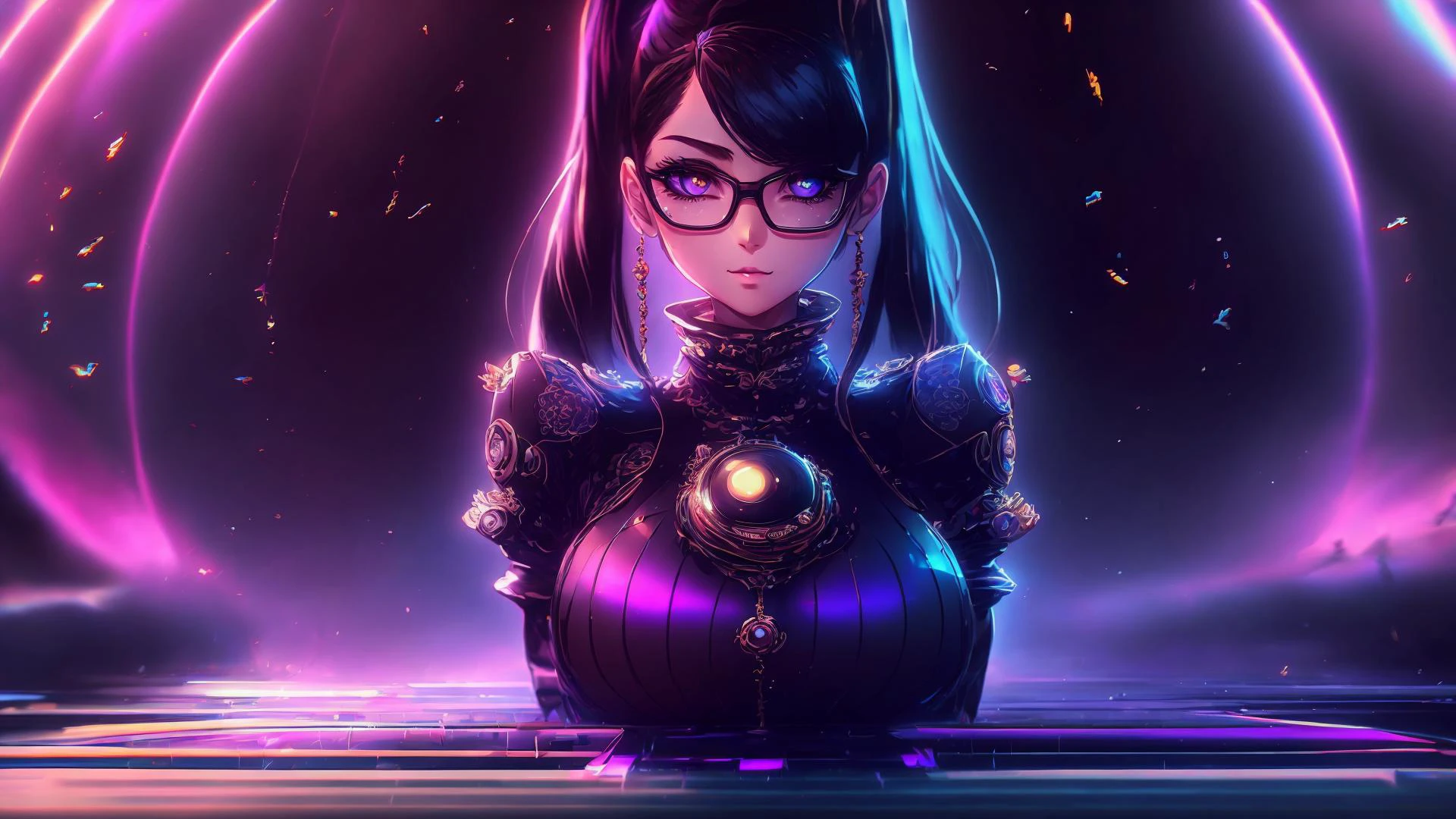 1girl, <lora:bayonettaV4:0.8>,bayonetta, embarrassed, shy, <lora:RetrowaveTech-20:0.8>,retrowavetech, virtual, vaporwave, wirefrme , scifi, <lora:gigatitums:0.3>large breasts,, (8k, masterpiece, best quality, ultra-detailed), (an extremely delicate and beautiful)kawaii, cute, very big eyes, Aesthetic Anime Eyes, small face, large breasts, cinematic lighting, , Intricate, High Detail, Sharp focus, dramatic, masterpiece, best quality, ultra-detailed,