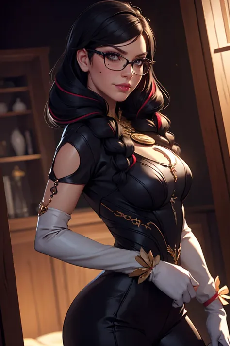 (masterpiece:1.4),(best quality:1.4),(absurdres:1.4),pin-up,	bayonetta_3_twintail_aiwaifu,glasses,blue_eyes ,black_hair,long_hair,two-tone_hair,twintails,breasts,jewelry,earrings,gloves,mole_under_mouth,lips,large_breasts,twin_braids,makeup,black-framed_eyewear,bodysuit,elbow_gloves,very_long_hair,lipstick,multicolored_hair,ribbon,amulet,hair_ribbon,dress,thighhighs,white_gloves,eyeshadow,bangs,clothing_cutout,		(absurdres, highres, incredibly_absurdres:1.4),scenery,masterpiece,