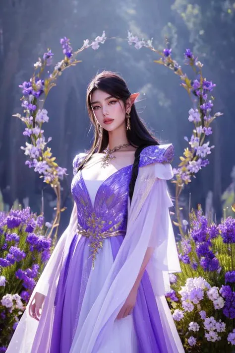 (otherworldly), highly insanely detailed, masterpiece, top quality, best quality, highres, 4k, 8k, RAW photo, (very aesthetic, beautiful and aesthetic), cereza,bayonetta,mole under mouth,
<lora:bayonnetaV5:1>,
1girl, solo focus,
Tower13_Gizelle,
a beautiful elvish girl,
lavender background, (fantasy world)âââ