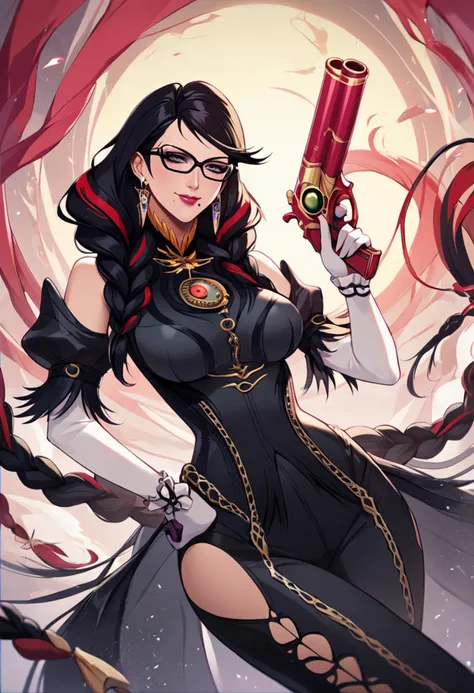 PonyXLV6_Scores,source_anime,masterpiece,best quality, highly detailed,cinematic,unity 8k wallpaper, amazing quality, masterpiece, best quality, UHD, perfect anatomy,
BREAK
<lora:bayonneta:0.8>cereza, 1girl, bayonetta, mole under mouth, weapon, solo, mole,large breasts, braid, twin braids, gun, red hair, jewelry, glasses, black hair, multicolored hair, gloves, streaked hair, makeup, earrings, long hair, smile, looking at viewer,eyeshadow, lipstick, clothing cutout, holding, elbow gloves