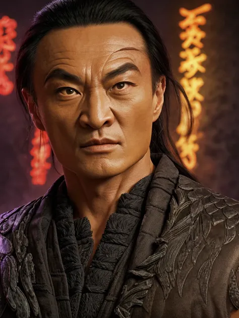 <lora:Shang-Tsung - Mortal Kombat 95s_m0rs2h:1> a photo of shang-tsung, mortal kombat background,close-up,front view,masterpiece,night,neon lights,8k,uhd,soft lighting