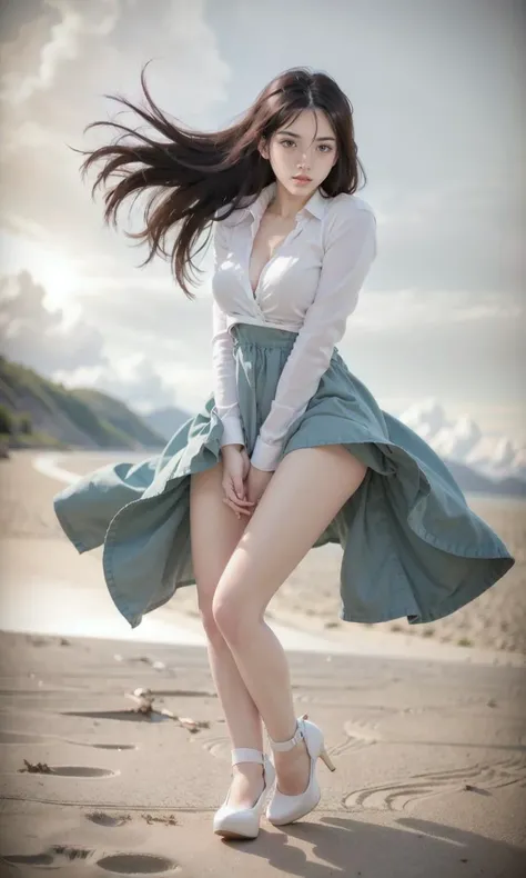 nikon RAW photo,8k,Fujifilm XT3,from below,HDR,masterpiece,best quality,realistic,photorealistic,ultra detailed,extremely detailed face,bookstore,cinematic lighting,gril,1girl,solo,(full body:0.9),(medium breasts:1.4),earrings,(high heels:1.5),(ulzzang-6500:0.6),(pureerosface_v1:0.6),sea,(beach:1.2),blue frilled dress,<lora:pnx_windyUpskirt:0.7>,windy,(wind lift:1.2),crazy smile,<lora:sd-No.177-000014:0.7>,