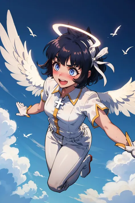 masterpiece, best quality, <lora:helltaker_azazel-12:0.9> htazazel, hair ribbon, halo, collared shirt, short sleeves, white gloves, white pants, cross, angel wings, wings, (flying:1.6), sky, clouds, furrowed brow, :D, blushing, outstretched arms,