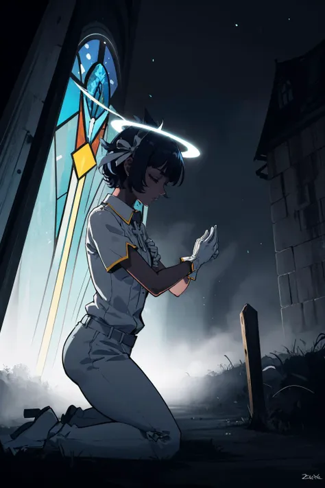 masterpiece, best quality, <lora:helltaker_azazel-12:1> htazazel, hair ribbon, halo, collared shirt, short sleeves, white gloves, white pants, cross, kneeling, from side, praying, stained glass, cathedral, closed eyes, wide shot <lora:Gloomifier_V2_TheGlow:2>