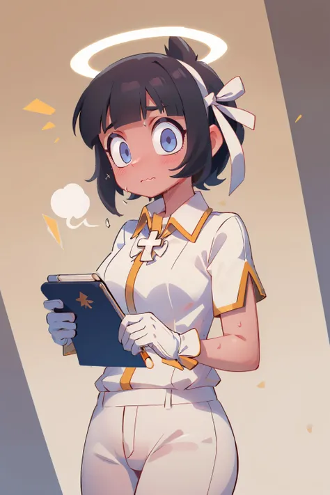 (masterpiece, best quality:1.2), solo, 1girl, htazazel, sweat, wavy mouth, looking at viewer, holding, notepad, hair ribbon, halo, collared shirt, short sleeves, white gloves, white pants, cross <lora:helltaker_azazel-12:1>