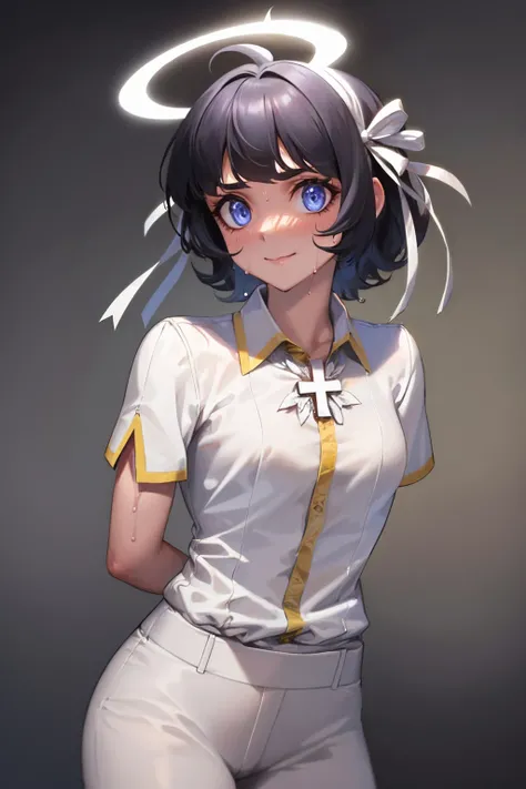 (masterpiece, best quality:1.2), solo, 1girl, htazazel, sweat, slight smile, looking at viewer, arms behind back, hair ribbon, halo, collared shirt, short sleeves, white gloves, white pants, cross <lora:helltaker_azazel-12:1>