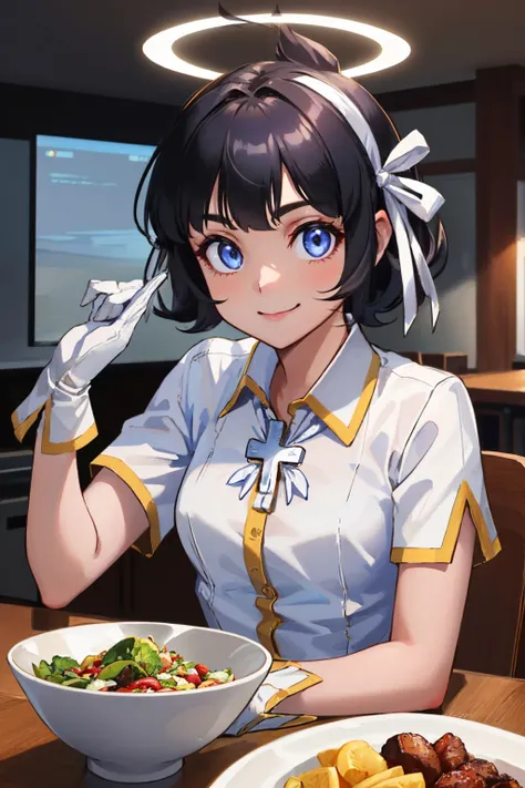 (masterpiece, best quality:1.2), upper body, solo, 1girl, htazazel, smile, looking at viewer, elbows on table, hair ribbon, halo, collared shirt, short sleeves, white gloves, cross, indoors, bowl of salad <lora:helltaker_azazel-12:1>
