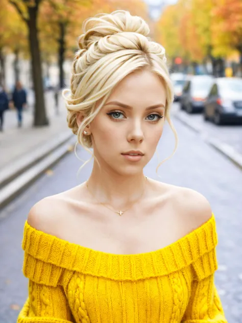 epic35mm, bibijones, a closeup photo of a beautiful  woman, hair in updo, (wearing yellow off shoulder jumper:1.2),,,, (paris street, autumn:1.2), cinematic, film grain, movie still, (color picture:1.1),  shot with Fuji XT3,  <lora:bibijones:1>,  <lora:epiC35mm:1>