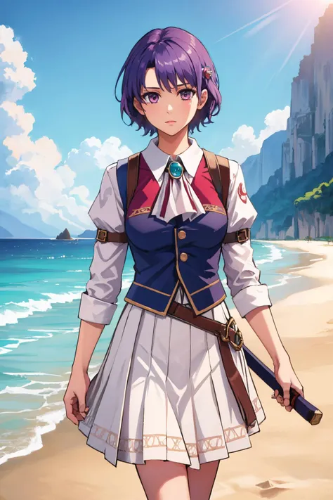 <lora:kloe-nvwls-v1-final:0.8> fcKloe, brooch, hairclip, school uniform, white skirt
masterpiece, best quality, absurdres, beach, ocean, cliffs, <lyco:UnlimitedBladeWorks1.6:0.8>,  holding weapon, KatanaOneHand