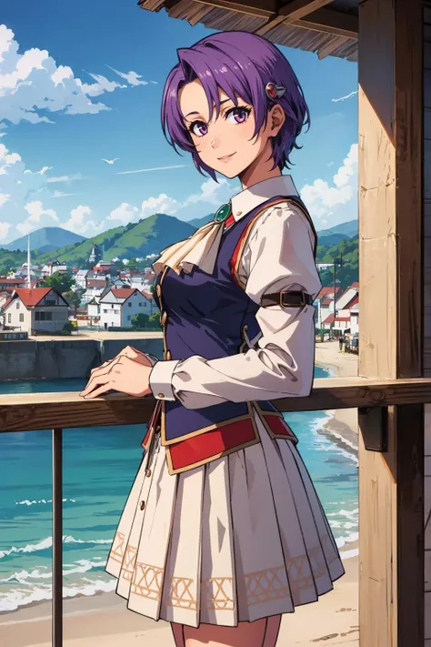 masterpiece, best quality, fcKloe, hairclip, brooch, school uniform, white skirt, cowboy shot, standing, from side, seaside town, looking at viewer, smile <lora:kloe-nvwls-v1-000010:0.9>