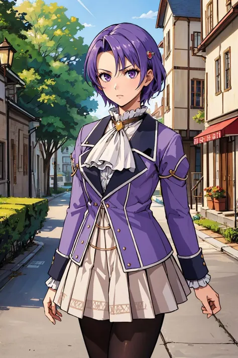 masterpiece, best quality, 3rdKloe, hairclip, ascot, purple jacket, pleated skirt, pantyhose, cowboy shot, serious, castle, village, looking at viewer <lora:kloe-nvwls-v1-000010:0.9>