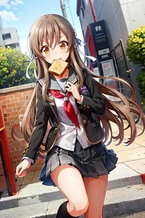 <lora:0849Hshiina:1>,shiina,seifuku.,<lora:toast-nvwls-v1:0.7>,toast in mouth,school_uniform,