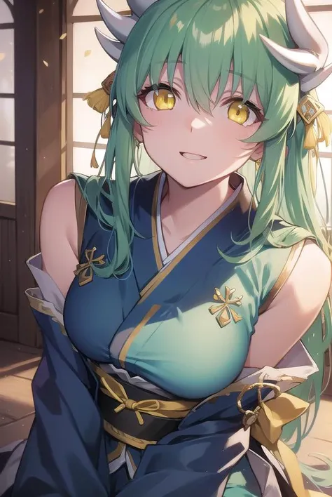 kiyohime, <lora:kiyohime-lora-nochekaiser:1>,
kiyohime, green hair, dragon girl, dragon horns, horns, long hair, (yellow eyes:1.5), smile, (small breast:1.2),
BREAK japanese clothes, obi, sash, thighhighs, wide sleeves, yukata,
BREAK looking at viewer,
BREAK indoors,
BREAK <lyco:GoodHands-beta2:1>, (masterpiece:1.2), best quality, high resolution, unity 8k wallpaper, (illustration:0.8), (beautiful detailed eyes:1.6), extremely detailed face, perfect lighting, extremely detailed CG, (perfect hands, perfect anatomy),