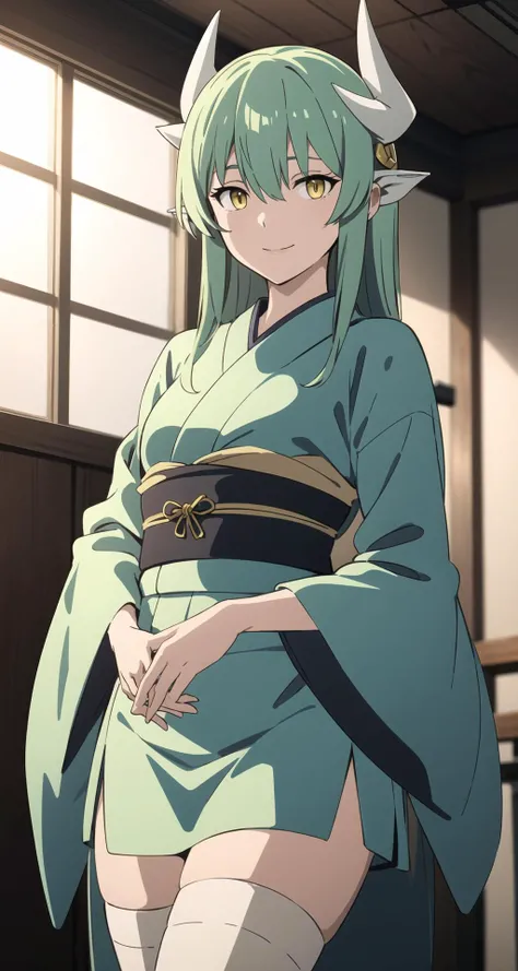 kiyohime,, kiyohime, green hair, dragon girl, dragon horns, horns, long hair, (yellow eyes:1.5), smile, (small breast:1.2), BREAK japanese clothes, obi, sash, thighhighs, wide sleeves, yukata, BREAK looking at viewer, BREAK indoors, BREAK <lyco:GoodHands-beta2:1>, (masterpiece:1.2), best quality, high resolution, unity 8k wallpaper, (illustration:0.8), (beautiful detailed eyes:1.6), extremely detailed face, perfect lighting, extremely detailed CG, (perfect hands, perfect anatomy),
<lora:kiyohime-lora-nochekaiser:1>