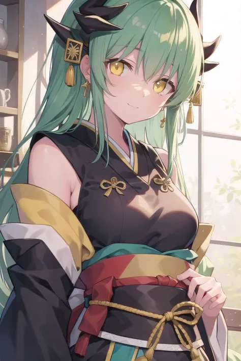 kiyohime, <lora:kiyohime-lora-nochekaiser:1>,
kiyohime, green hair, dragon girl, dragon horns, horns, long hair, (yellow eyes:1.5), smile, (small breast:1.2),
BREAK japanese clothes, obi, sash, thighhighs, wide sleeves, yukata,
BREAK looking at viewer,
BREAK indoors,
BREAK <lyco:GoodHands-beta2:1>, (masterpiece:1.2), best quality, high resolution, unity 8k wallpaper, (illustration:0.8), (beautiful detailed eyes:1.6), extremely detailed face, perfect lighting, extremely detailed CG, (perfect hands, perfect anatomy),