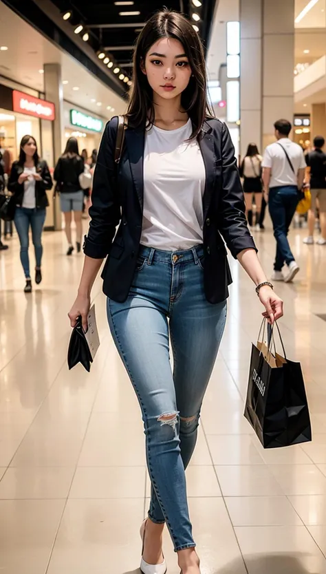 masterpiece, 1 girl, 20 years old, incredibly beautiful young woman, casual clothes, walking in the mall