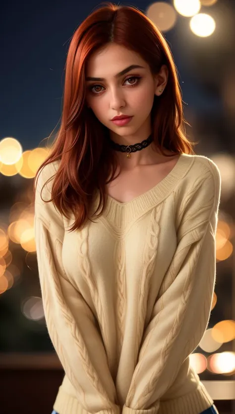 ung cute iranian girl, very slim, skinny, redhead, rouge, red neck lace choker, cateyes makeup, colorful, oversize knit jumper, softcore, warm lighting, cosy atmosphere, Instagram style, red theme, exposure blend, upper body shot, bokeh, dim light, (hdr:1.4), high contrast, (cinematic, black and red:0.85), (night beautiful background:1.3), sharp, (muted colors, dim colors, soothing tones:1.3), low saturation, morbid