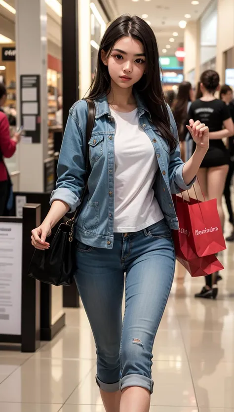 masterpiece, 1 girl, 20 years old, incredibly beautiful young woman, casual clothes, walking in the mall