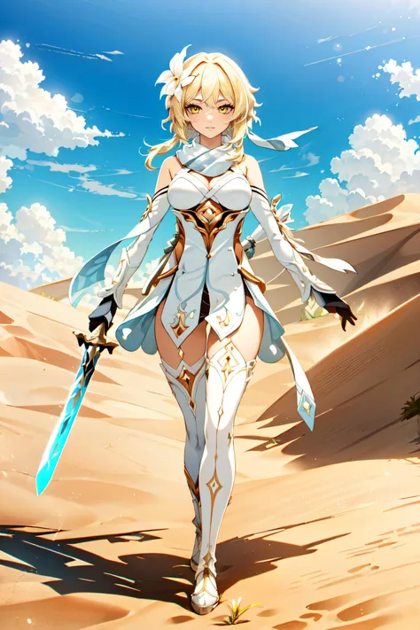 (masterpiece, best quality, ultra detailed, absurdres)1.5, 1girl, (sexy, beautiful woman, perfect face, perfect eyes, perfect female body, large breasts)1.5, (lumine \(genshin impact\), Lumine, blonde hair, hair ornament, hair flower, detached sleeves, thighhighs, sidelocks, bangs, white dress, short hair with long locks, white scarf, holding sword, zettai ryouiki, <lora:Lumine_20231022175925:0.8>), (full body, running stance, outdoors, desert), perfect lighting, smooth, hdr